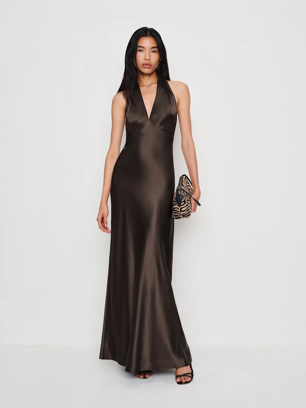 Daniela Silk Dress- Satin Halter V-Neck Maxi Dress in Dark Brown
